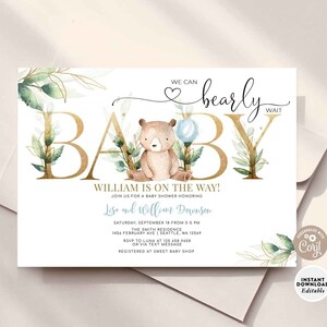 BEWERKBAAR Groen Goud Blauw We Kunnen Bearly Wachten Teddybeer Baby Shower Uitnodiging Jongen Uitnodigen Sjabloon Instant Download 1305V2