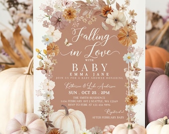 Fall in Love Pumpkin Baby Shower Invitation: Autumn Wildflower Sprinkle Invite Template 1220V1 (2)