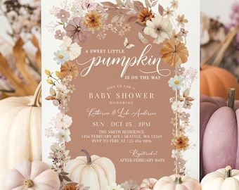 Editable Fall Wildflower Pumpkin Baby Shower Invitation: Boho Little Pumpkin Invite Template 1220V1 (1)