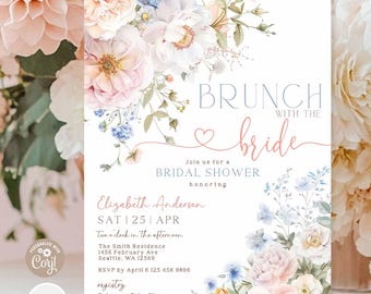May include: A floral bridal shower invitation featuring a pink and blue watercolour floral design. The text reads "Brunch with the Bride" and includes the date, time, and location of the event.