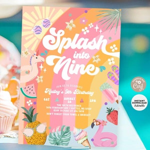 Bewerkbare Splash in Nine 9e verjaardag uitnodiging zwembadfeestje Girly Groovy zomer 9e Rainbow Splash Pad uitnodigingssjabloon 705K2 (9)