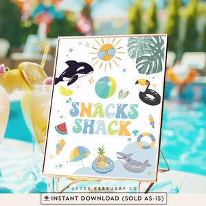 May include: A printable sign with a white background and colorful illustrations of a sun, a whale, a beach ball, a toucan, a watermelon, an ice cream cone, an umbrella, a pineapple, and a shark. The sign says "Snacks Shack" in colorful letters.
