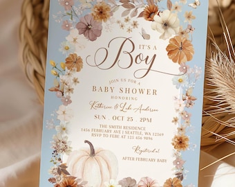 Blue Boy Pumpkin Baby Shower Invitation: Autumn Its A Boy Sprinkle Invite Template 1220V4 (1)