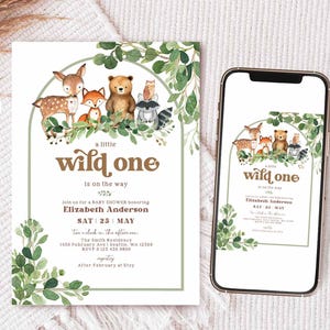 Bearbeitbar Wild One Greenery Wald Junge Abenteuer Baby Shower Einladung Waldtier Hirsch Bär einladen lädt Vorlage 869V1 (2)