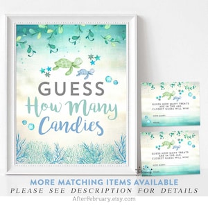 May include: A printable game card with a blue and green watercolor background featuring two sea turtles and the text "GUESS How Many Candies".