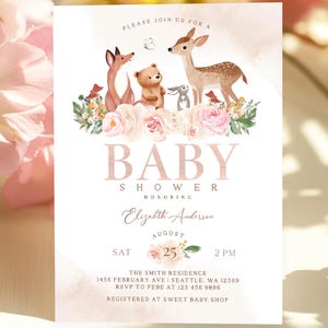EDITABLE Girl Woodland Baby Shower Sprinkle Invitation Deer Fox Bear Floral Baby Sprinkle Printable Template Instant Download 1094V1