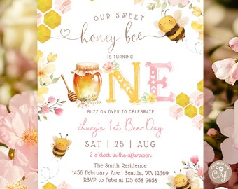Pierwszy Dzień Pszczół Miód Bumble Bee Day Zaproszenie urodzinowe So Sweet to Bee Pierwsze urodziny pszczół Szablon cyfrowy do druku 142K1 (1-2)
