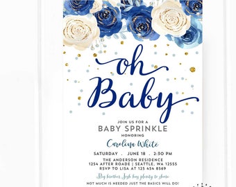 Blue Floral Baby Sprinkle Invitation Boy Navy Blue Flower Oh Baby Boy Baby Sprinkle Invite // Digital Printable OR Printed No.654 BABY (V2)