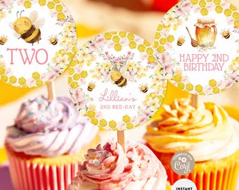 Edytowalne ozdoby na babeczki urodzinowe z motywem pszczół: Edytowalny szablon dekoracji na imprezę w kształcie plastra miodu 142K1