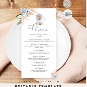 BEWERKBARE Blauwe Pampas Gras Boho Boy Bear Baby Shower Verjaardag Menu 4x8 "Teddybeer Boho Menu Afdrukbare Sjabloon Instant Download 400V1