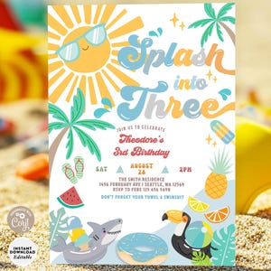 May include: A colorful invitation for a 3rd birthday party with a beach theme. The invitation features a sun with sunglasses, palm trees, a shark, a toucan, a donut, and the text "Splash into Three".
