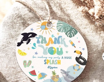 Boy Pool Party Thank You Round Tags: Splish Splash Birthday Party Favors Printable Template 329K2