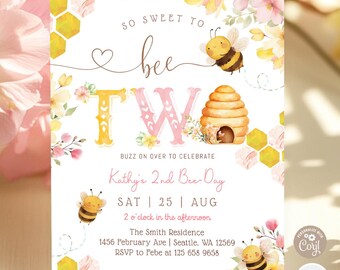 Bumble Honey Sweet to Bee Two 2nd Birthday Invitation Invites Invite Template 142K1 (2