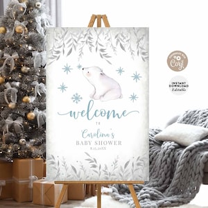 EDITABLE Boy Blue Winter Baby Polar Bear Arctic Gray Silver Welcome Sign Decor Decoration Printable Template Instant Download 1377V2