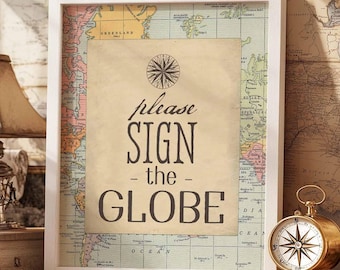 Please Sign the Globe Sign, Travel Compass Around the World Baby Shower Decor Decorations Boy Printable (INSTANT DOWNLOAD) 1269