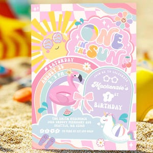 Editable Preppy Groovy ONE in the Sun 1st Birthday Pool Party Invitation Girly Summer Coquette Splash Pad Party Invite Template 631K1 (1-1)