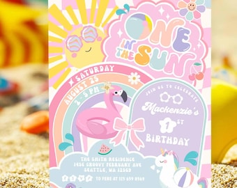 Szablon zaproszenia na imprezę urodzinową przy basenie „One in the Sun” w stylu preppy groovy 631K1 (1-1)