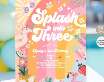 Splash into Three 3rd Birthday Invitation: Summer Swimming Pool Party Invite Template 705K2 (3)