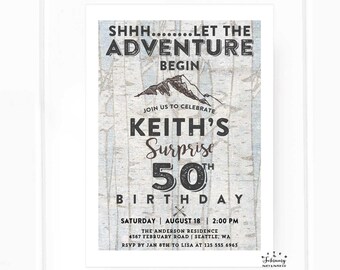 Adventure Surprise Adult Birthday Invitation Men Man 30th 50th Camping Rustic Mountain Birthday Invitation // Printable No.69 ADULT (V2)