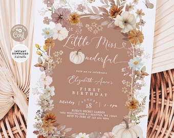 Editable Fall Pumpkin Wildflower Little Miss ONEderful 1st Birthday Fall Floral Birthday Brunch Invite Printable Template 1220K1 (1-3)