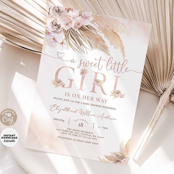 EDITABLE Girl Pink Pampas Grass Boho Girl Baby Shower Invitation Girl Boho Shower Invite Printable Template Instant Download 411V1 (3)