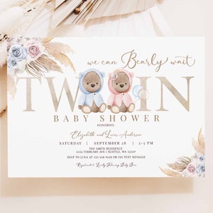MODIFICABILE TWIN Blue Pink Boho Boy Girl Twins Bear Baby Shower Invitation We Can Bearly Wait Invite Printable Instant Download 400T2 (1)