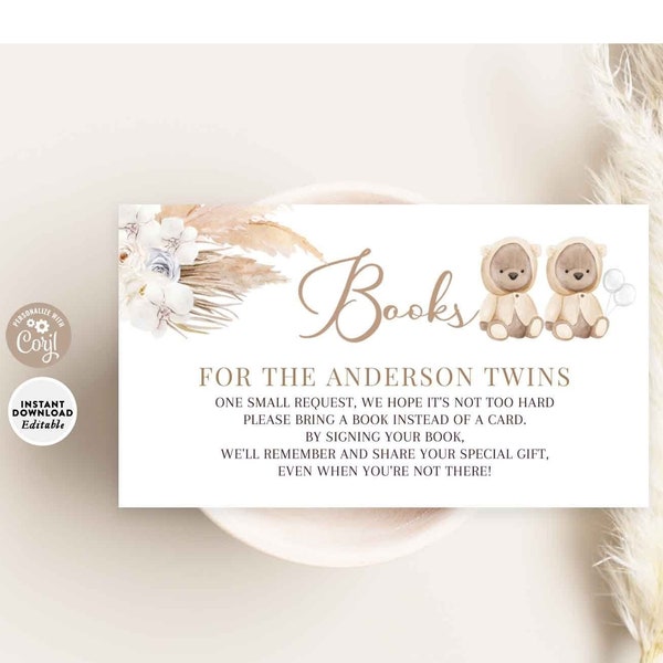EDITABLE TWINS Pampas Grass Boho Teddy Bear Gender Neutral Books for Babies Bring a Book Request Printable Template Instant Download 400V9