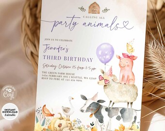 Fall Girl Pumpkin Patch Birthday Invitation: Farm Party Animals Invite Editable Template 1055K4 (1)