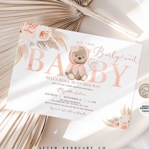 EDITABLE Peach Boho Bear Baby Shower Invitation Girl Teddy Bear We Can Bearly Wait Invite Printable Template Instant Download 400V7 (1)