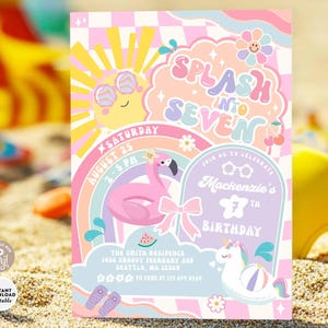Editable Preppy Groovy Splash into Seven 7th Birthday Pool Party Invitation Summer Pool Splash Pad Party Invite Digital Template 631K1 (7)