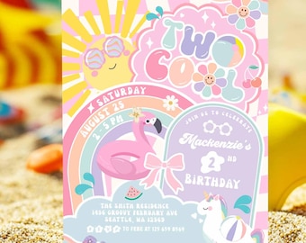 Editable Preppy Groovy TWO COOL 2nd Birthday Pool Party Invitation Summer Swimming Pool Splash Pad Party Invite Digital Template 631K1 (2)