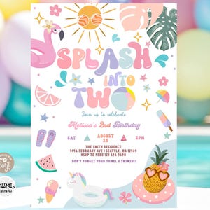 Bearbeitbares Splash in ZWEI 2. Geburtstag Pool Party Einladung Girly Sommer Schwimmbad Splash Pad Party Laden Digitale Vorlage 329K1 (2-2)