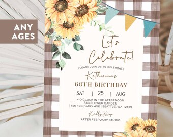 Editable Sunflower Adult Birthday Invitation Summer Picnic Party Women Rustic Birthday Invite Invites Printable Instant Download 949 (1)