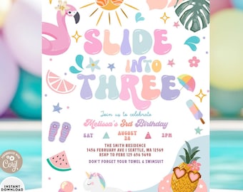 May include: A colorful invitation for a third birthday party with a summer theme. The design features a flamingo, a pineapple wearing sunglasses, and the text "Slide Into Three." The invitation includes party details and is an instant download.