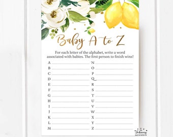 Lemon Baby ABC Game Printable Gender Neutral White Floral Citrus Lemonade Summer Baby Shower Game Games // Instant Download Digital 162V1