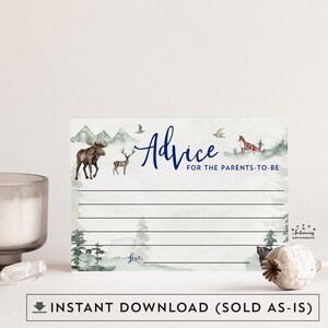 Tarjeta de consejos para que los padres sean Es un niño Navy Sage Mountain Hunting Tree Género Neutral Baby Shower Juegos Imprimible DESCARGA INSTANTE 941V2