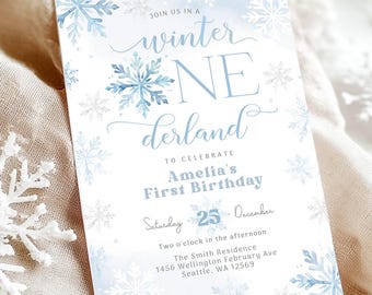 Invitación editable para el primer cumpleaños de Winter ONEderland: Plantilla de copo de nieve 599K1 (1)