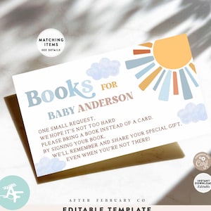 May include: A white baby shower invitation card with the text "Books for Baby Anderson". The card features a sun and cloud design in shades of orange, blue, and beige. The card also includes the text "Editable Template".