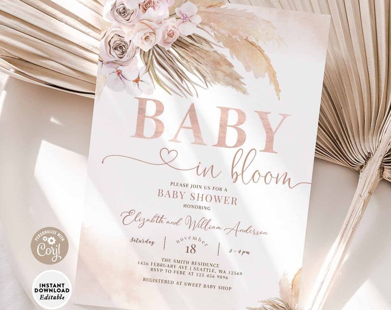 EDITABLE Pink Pampas Grass Boho Baby In Bloom Shower Invitation Girl Boho Shower Invite Printable Template Instant Download