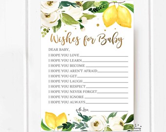 Lemon Wishes for Baby Printable Card Gender Neutral White Floral Citrus Summer Baby Shower Game Games // Instant Download Digital 162V1