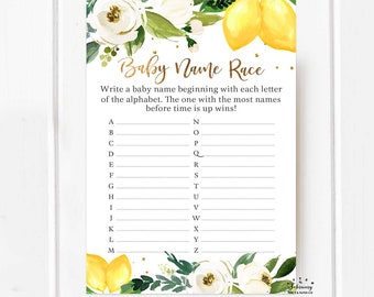 Lemon Baby Name Race Game Neutral White Floral Citrus Lemonade Summer Baby Shower Game Games // Instant Download Digital 162V1