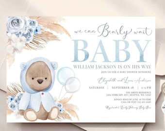 EDITABLE Azul Boho Bear Baby Shower Invitación Boy Oso de peluche Podemos Esperar Bearly Invitar Plantilla Imprimible Descargar instantánea 400V1 (3)