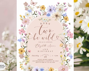 Wildflower Born Two be Wild 2nd Birthday Invitation: Butterfly Floral Garden Birthday Invite Template 126K2 (2-2)