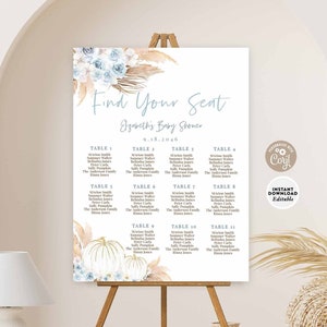 BEWERKBARE gras blauw witte pompoen baby shower zitplaatsen grafiek teken meisje Boho baby shower afdrukbare sjabloon Instant Download 225V2