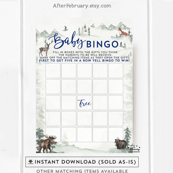 Parents-to-be Bingo Game It's A Boy Navy Sage Mountain Hunting Tree Gender Neutral Baby Shower Games Printable // INSTANT DOWNLOAD 941V2