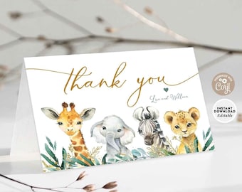 EDITABLE Safari Baby Shower Thank You Folded Card Gender Neutral African Jungle Thank You Card Printable Template Instant Download 197