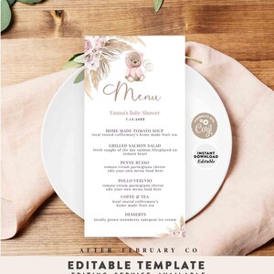 BEWERKBARE Pampas Gras Boho Roze Beer Baby Douche Verjaardag Menu 4x8 "Teddybeer Boho Menu Afdrukbare Sjabloon Instant Download 400V2