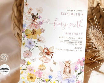 Invitación de sexto cumpleaños de Hada de las Flores Silvestres: Plantilla editable para fiesta en el jardín 1243K1 (6)