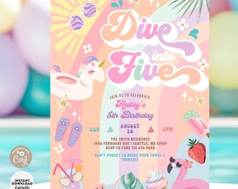Pastel Dive into Five Pool Party 5th Birthday Invitation Invite Template 705K5 (5)