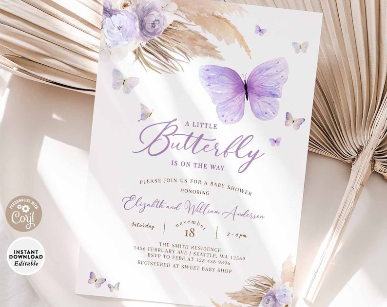 EDITABLE Boho Lavender Purple Pampas Grass Butterfly Baby Shower Invitation Invite Butterfly Printable Template Instant